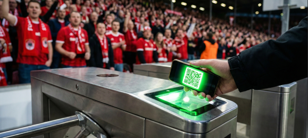 Smartphone scanning a QR code at a stadium turnstile with a green success light.