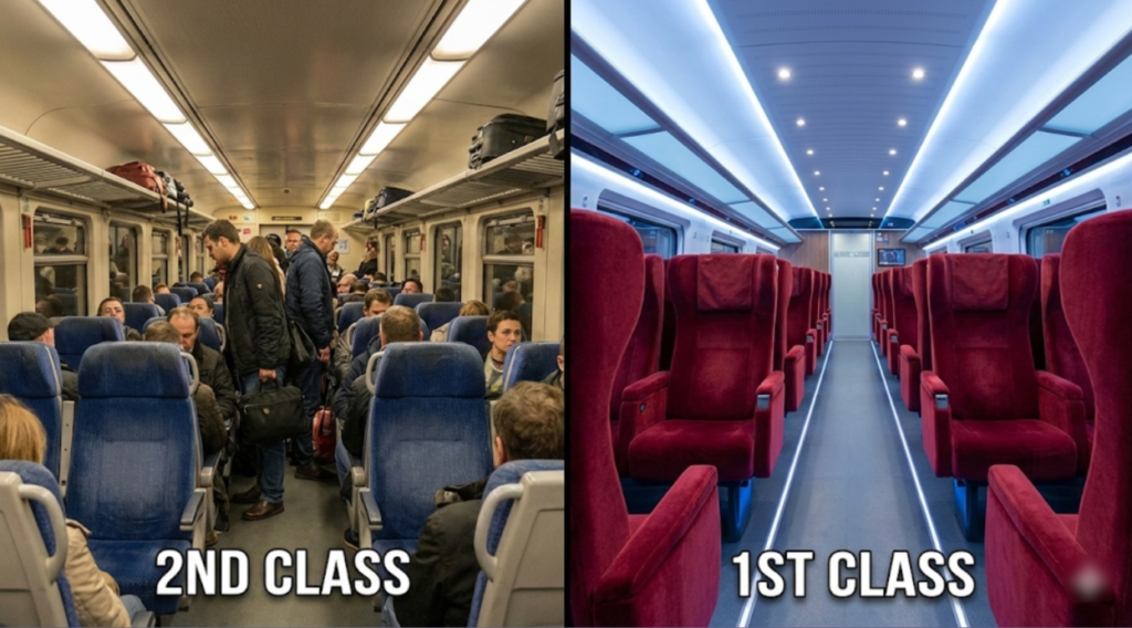 Split screen showing crowded second class train carriage versus spacious first class seats with legroom.