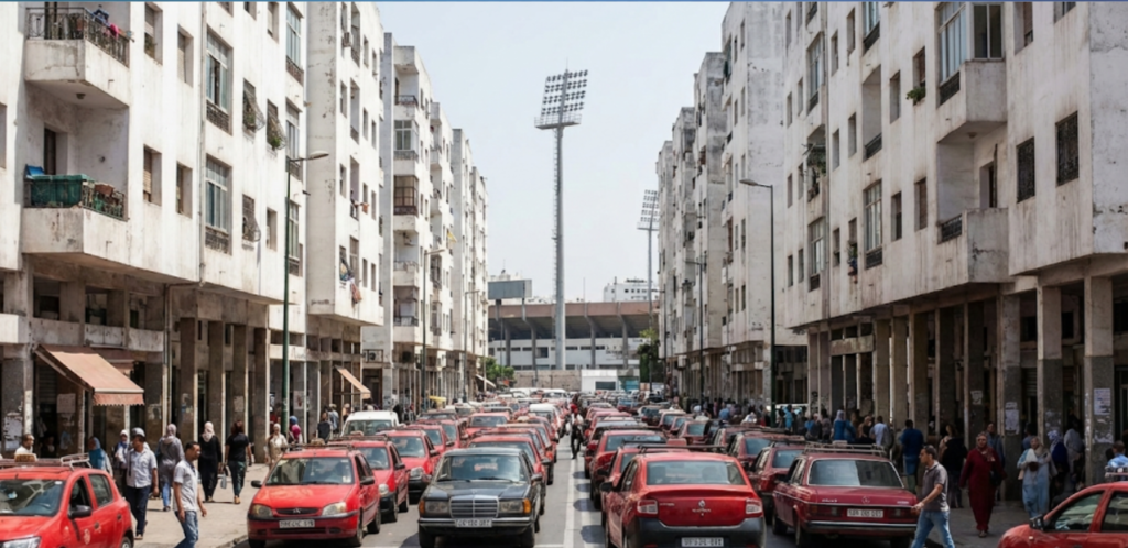 Busy street in Casablanca's Maârif district with red taxis and white apartment buildings.