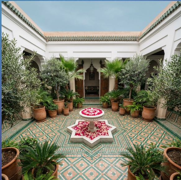 Interior courtyard of a traditional Moroccan Riad with a fountain and colorful zellige tiles.