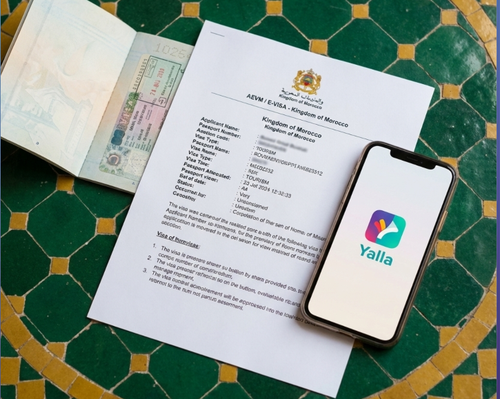 Flat lay of a passport, printed E-Visa document, and smartphone with the Yalla app on green Moroccan tiles.