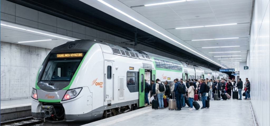 Passengers boarding the airport train at Mohammed V International Airport in Casablanca.