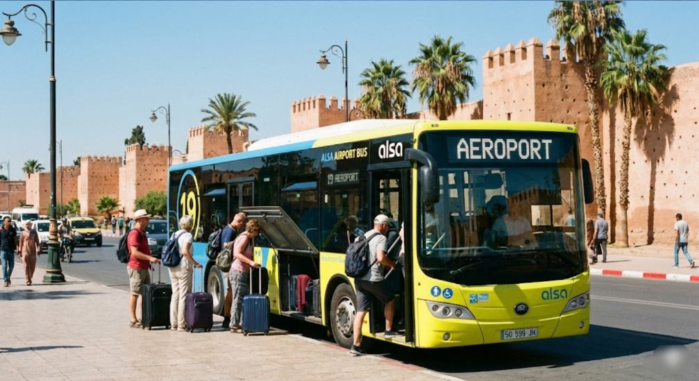 The Alsa Line 19 Airport Bus picking up passengers in Marrakech with red city walls in the background.